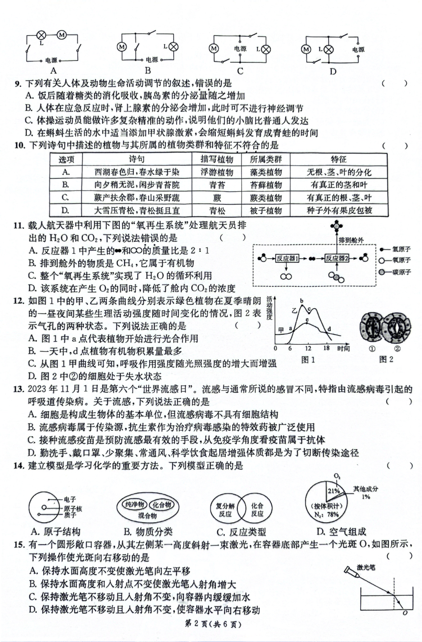 浙江省宁波市宁波外国语学校2023-2024学年第二学期九年级中考一模科学试卷（PDF版，含答案）