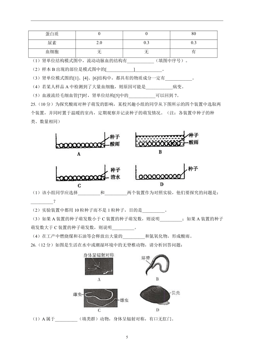 2022-2023学年人教版八年级上学期开学摸底考试生物试卷B卷(word版  含答案）