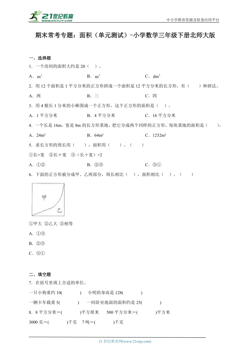 期末常考专题：面积（单元测试）-小学数学三年级下册北师大版（含答案）