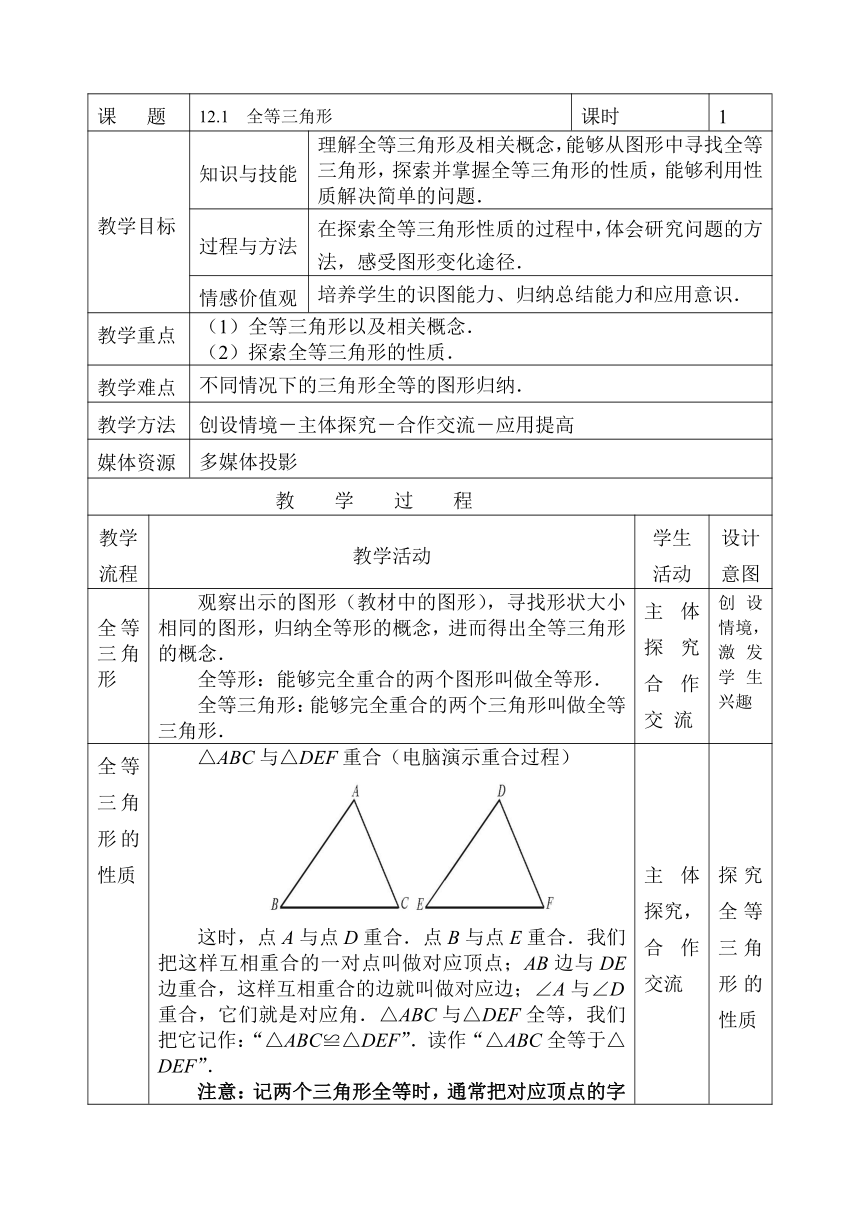 人教版八年级数学上册 12.1全等三角形 教学设计(表格式)