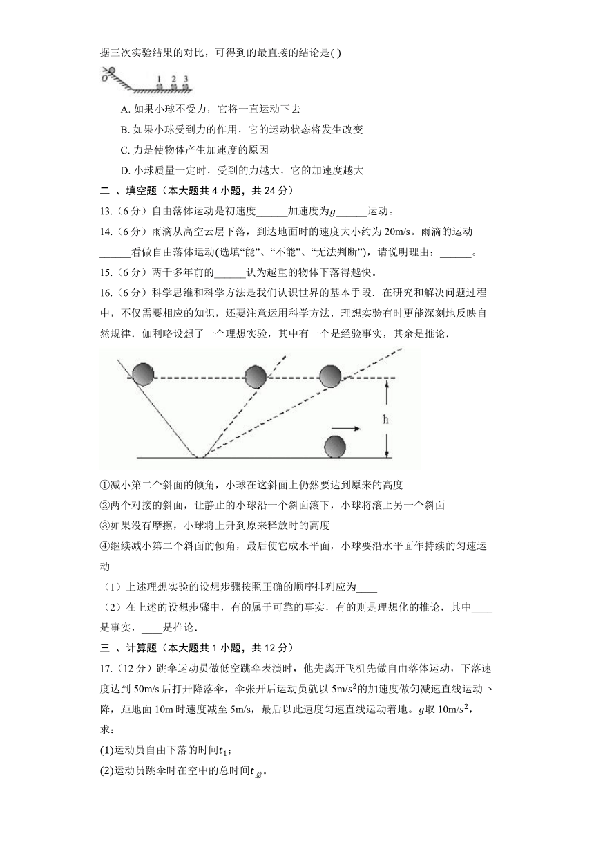 沪科版（2019）必修第一册 2.1 伽利略对落体运动的研究 同步练习卷（1）（含答案）