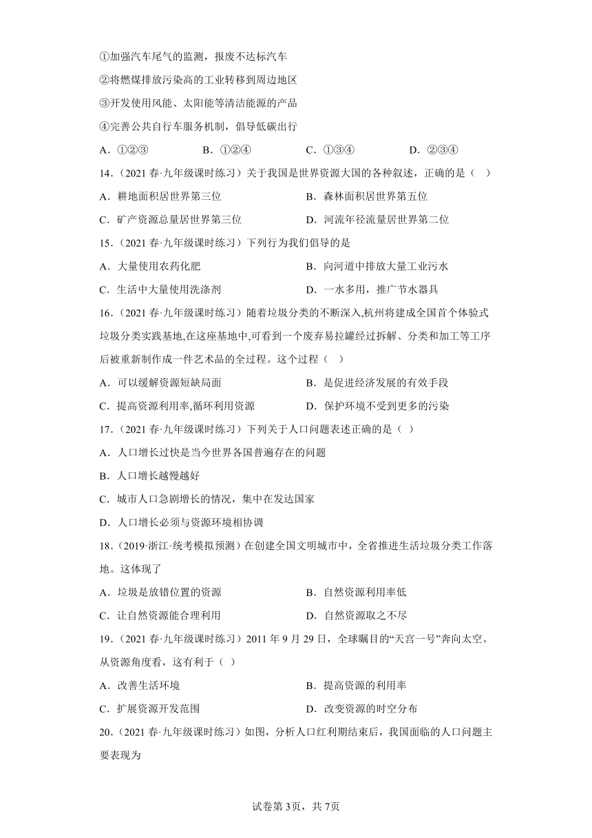 6.2日益严峻的资源问题 选择题专练（含解析）--2022-2023学年浙江省人教版人文地理七年级下册