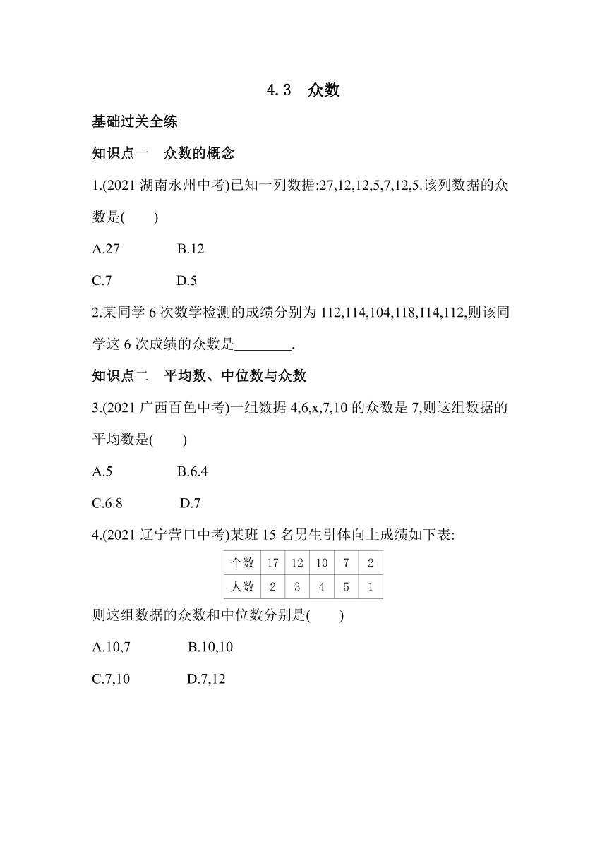青岛版数学八年级上册4.3 众数同步练习（含解析）