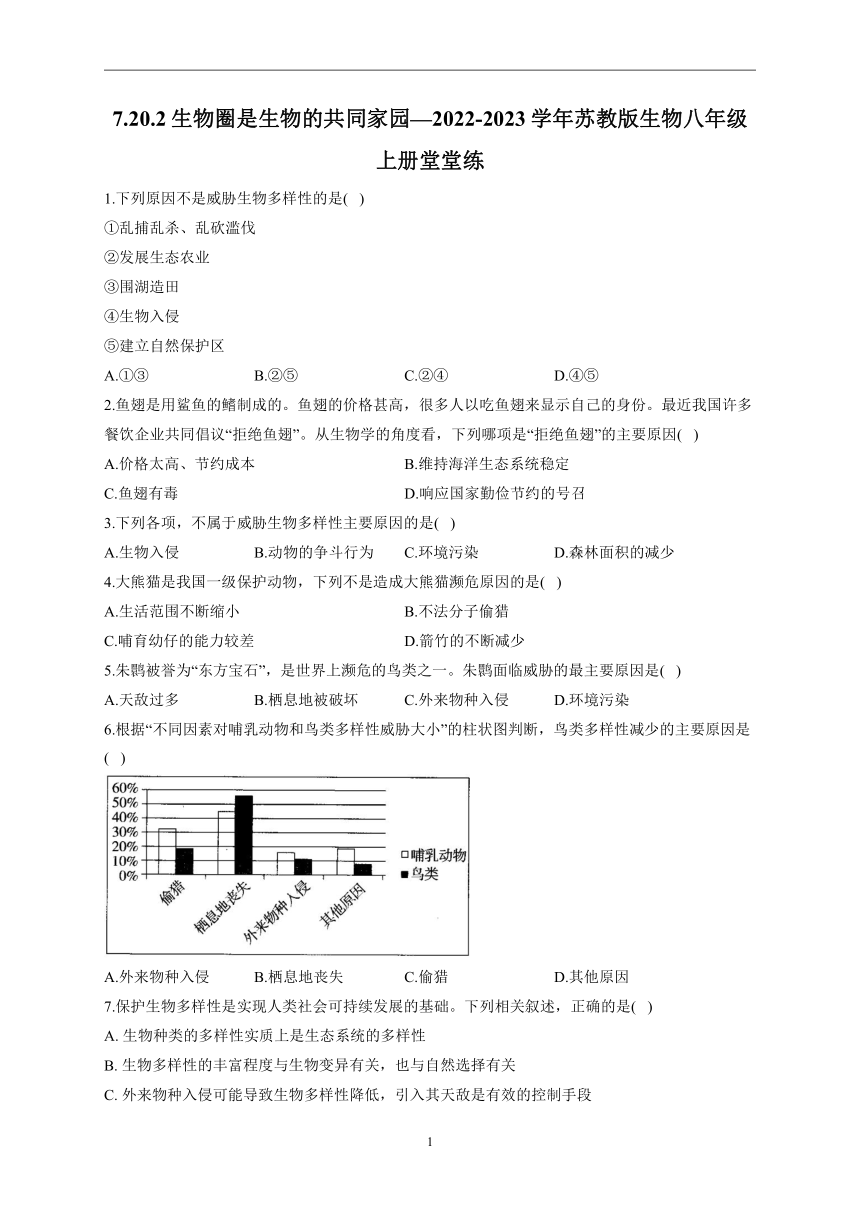 7.20.2生物圈是生物的共同家园—2022-2023学年苏教版生物八年级上册堂堂练(word版含解析）