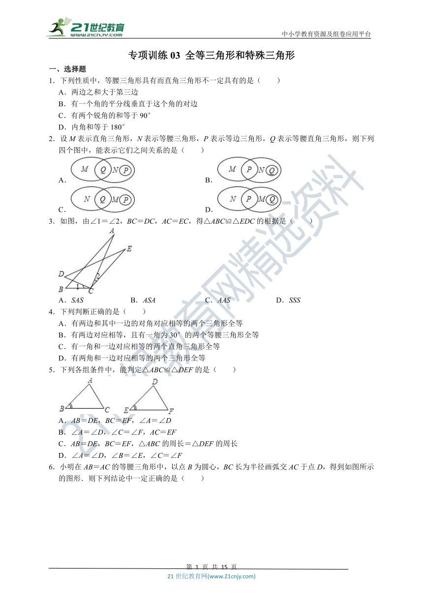 冀教版数学八上 期末总复习 高频考点专项训练03 全等三角形和特殊三角形（附解析）