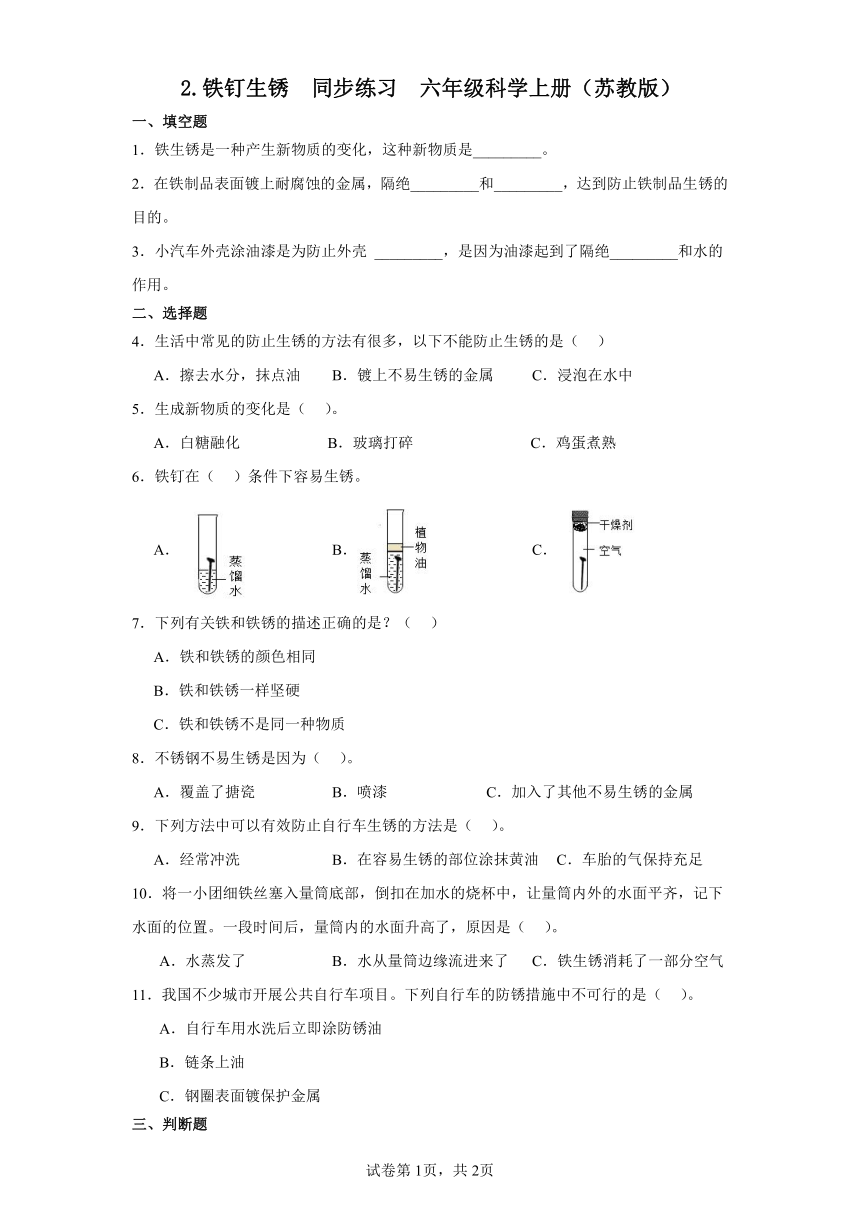 苏教版（2017秋） 六年级上册1.2 铁钉生锈  同步练习（含答案）