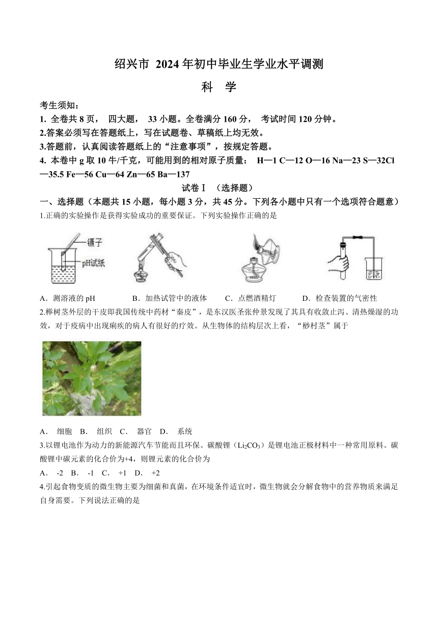 浙江省绍兴市2024年初中毕业生学业水平调测 科学试卷（含答案）