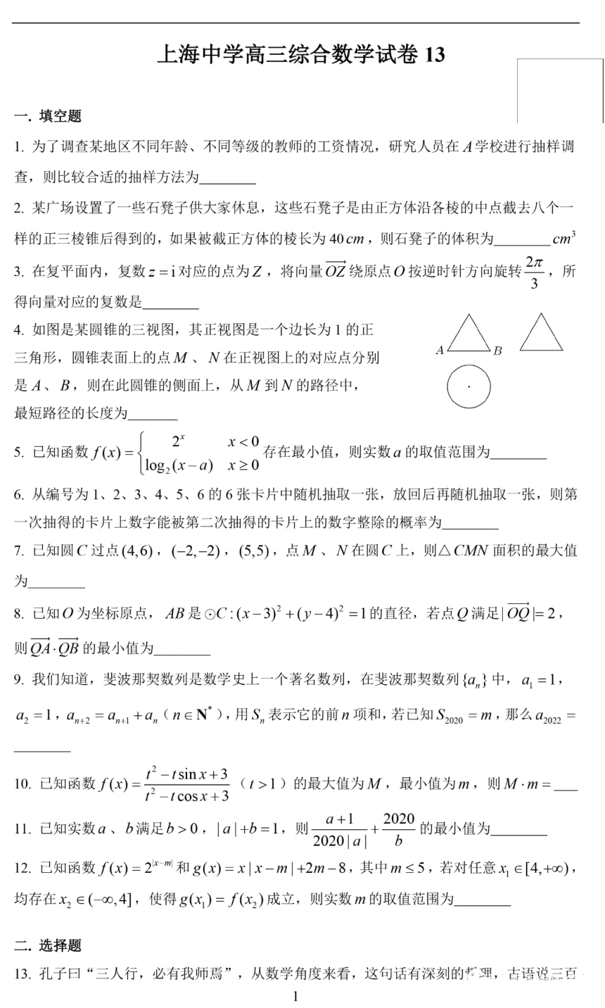 上海中学2021届高三上学期综合测试数学试卷（十三） PDF版含答案