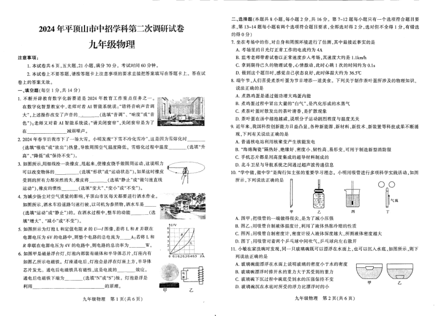 2024年河南省平顶山市中考二模物理试题（PDF版 无答案）