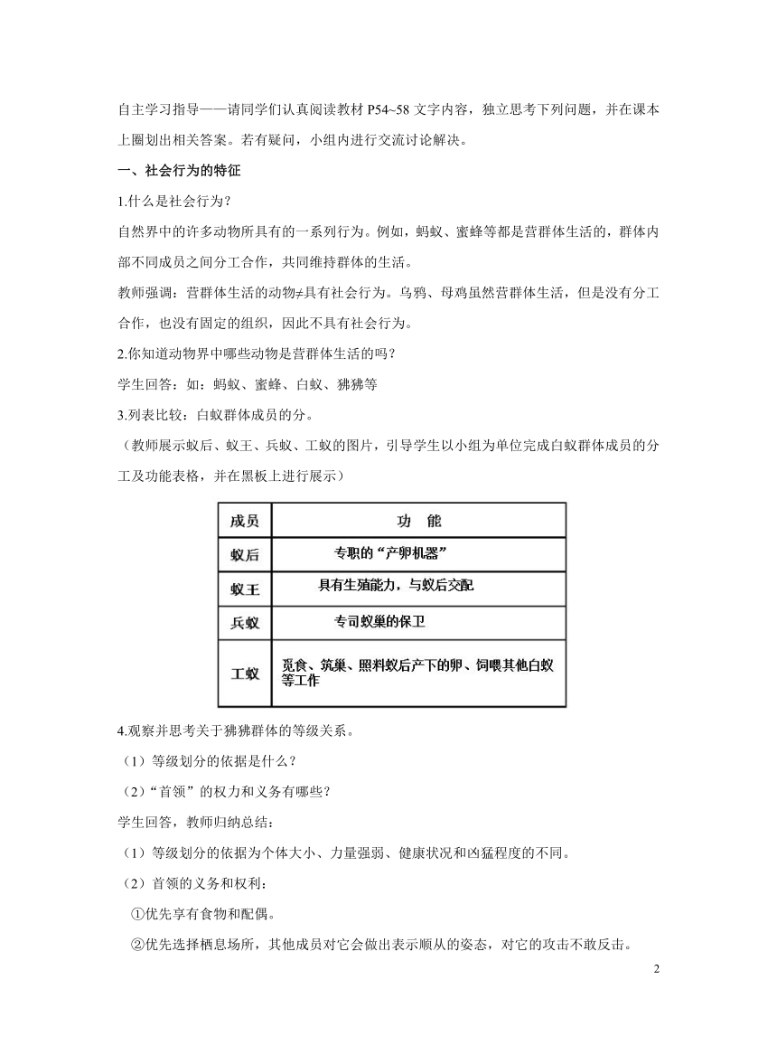 初中生物人教版八年级上册5.2.3  社会行为教案
