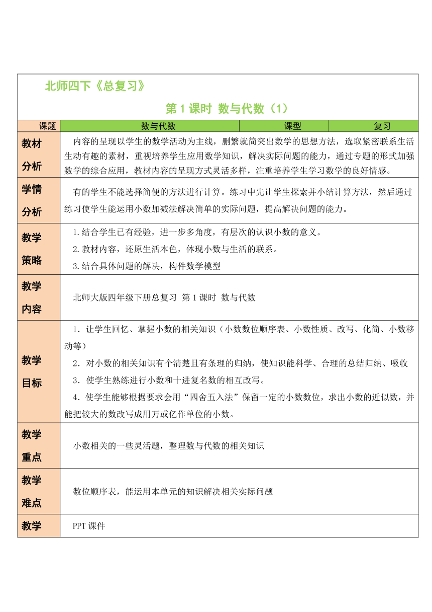 第1课时 数与代数（1）北师大版数学小学四年级下册表格式教案