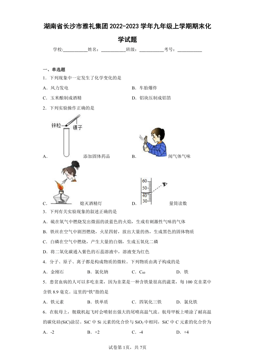 湖南省长沙市雅礼集团2022-2023学年九年级上学期期末化学试题(含答案)