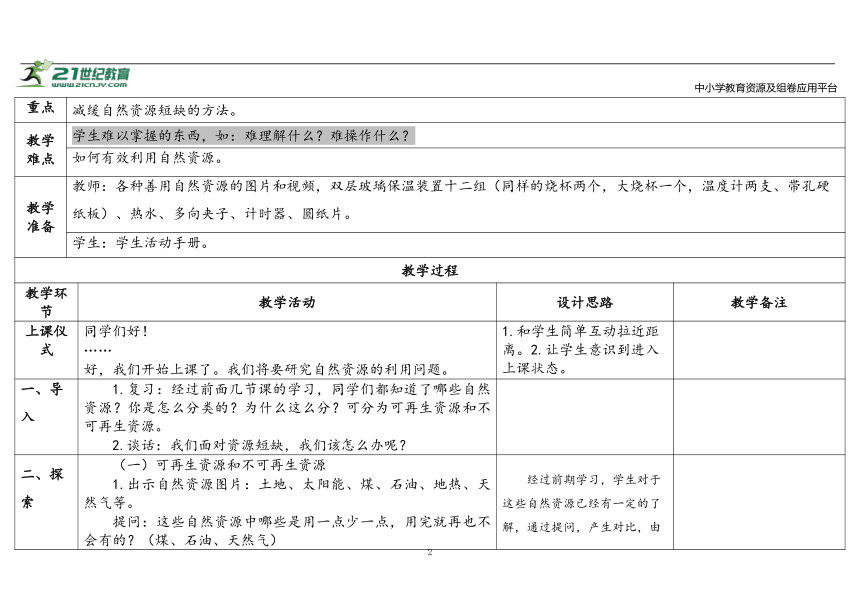 苏教版（2017秋）科学六年级下册 3.12《善用自然资源》 表格式教案（含课堂练习和反思）