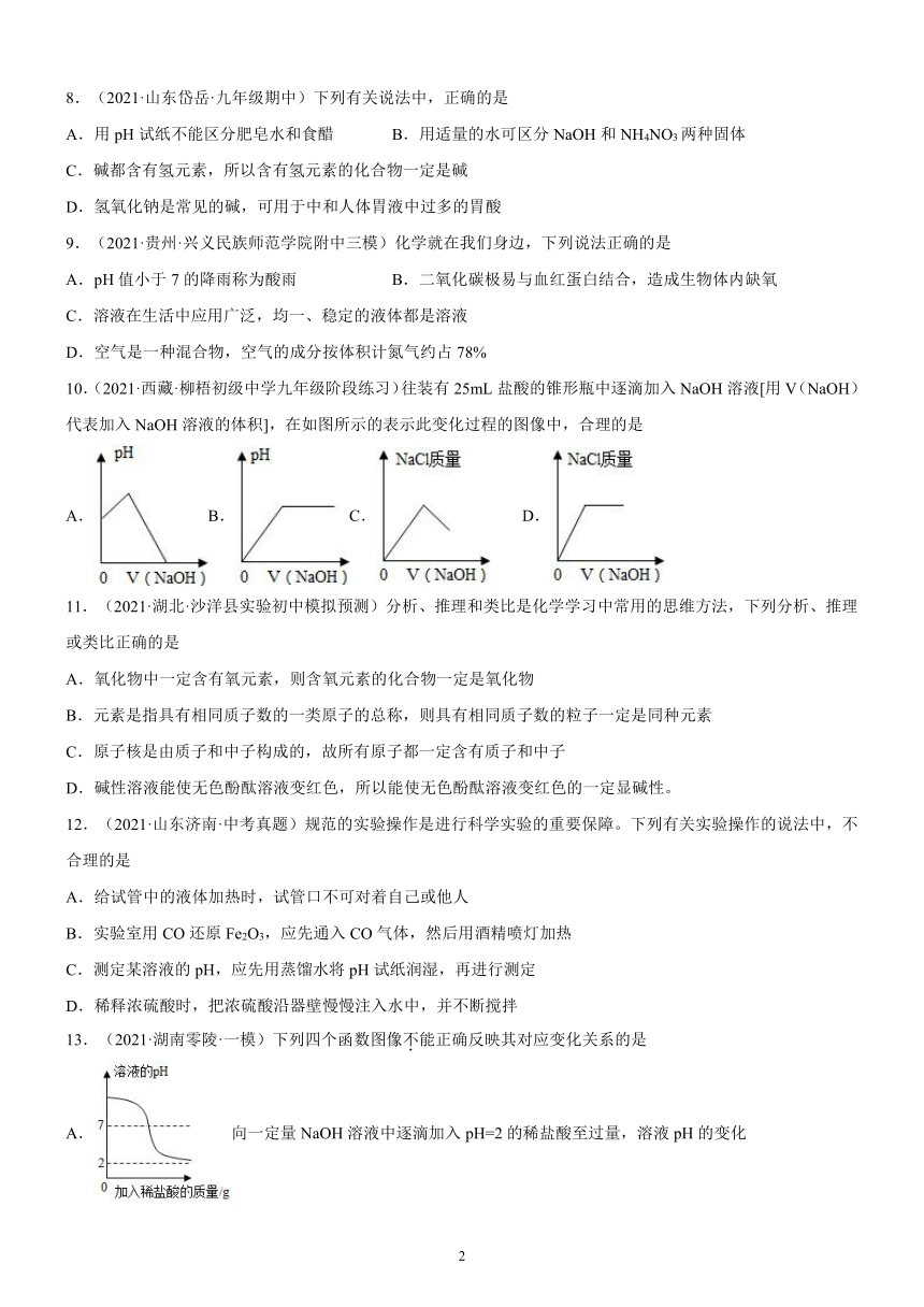 第十单元实验活动7溶液酸碱性检验专项训练A—2021-2022学年九年级化学人教版下册（有答案）