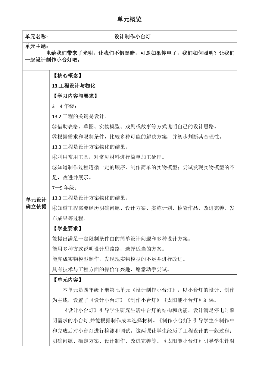 2023-2024学年科学四年级下册青岛版第七单元《设计制作小台灯》单元整体设计