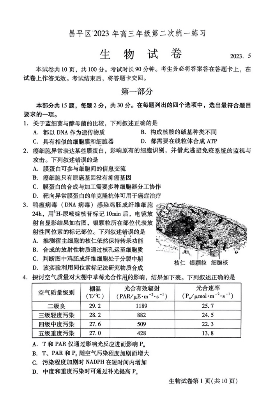 北京市昌平区2023届高三二模生物试卷（PDF版无答案）