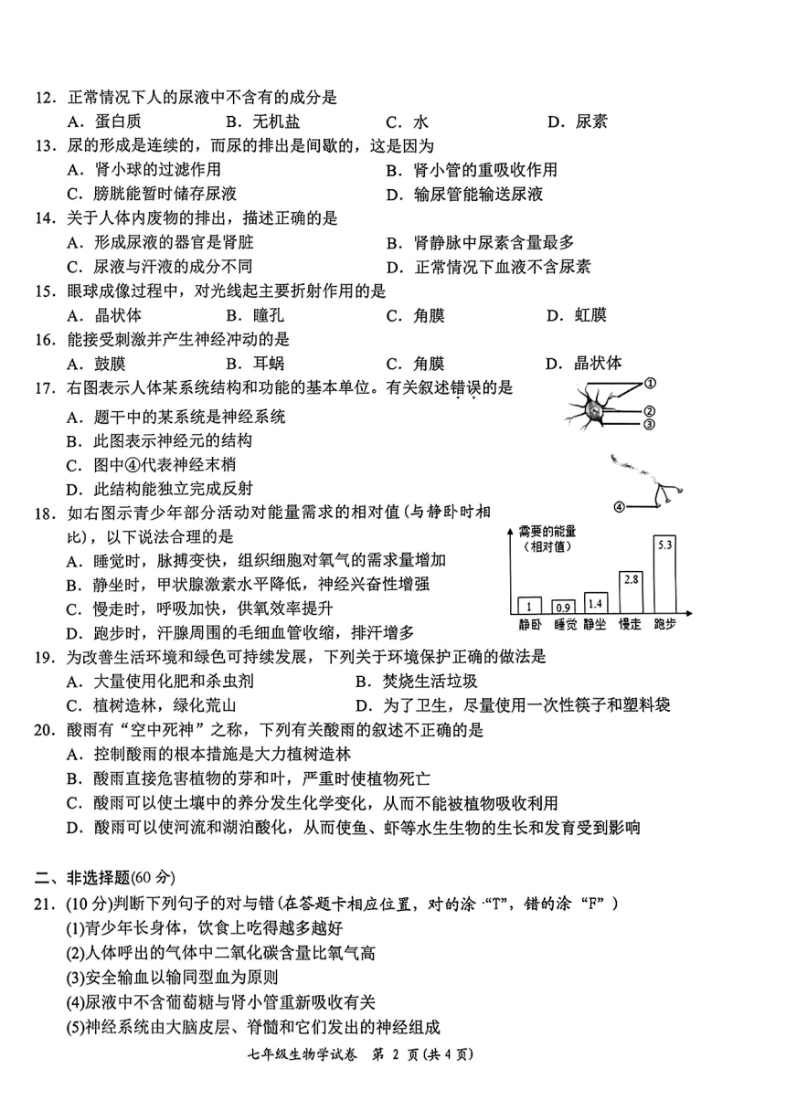 湖南省岳阳市第七中学2022-2023学年七年级下学期期末监测生物试卷（PDF版 无答案）