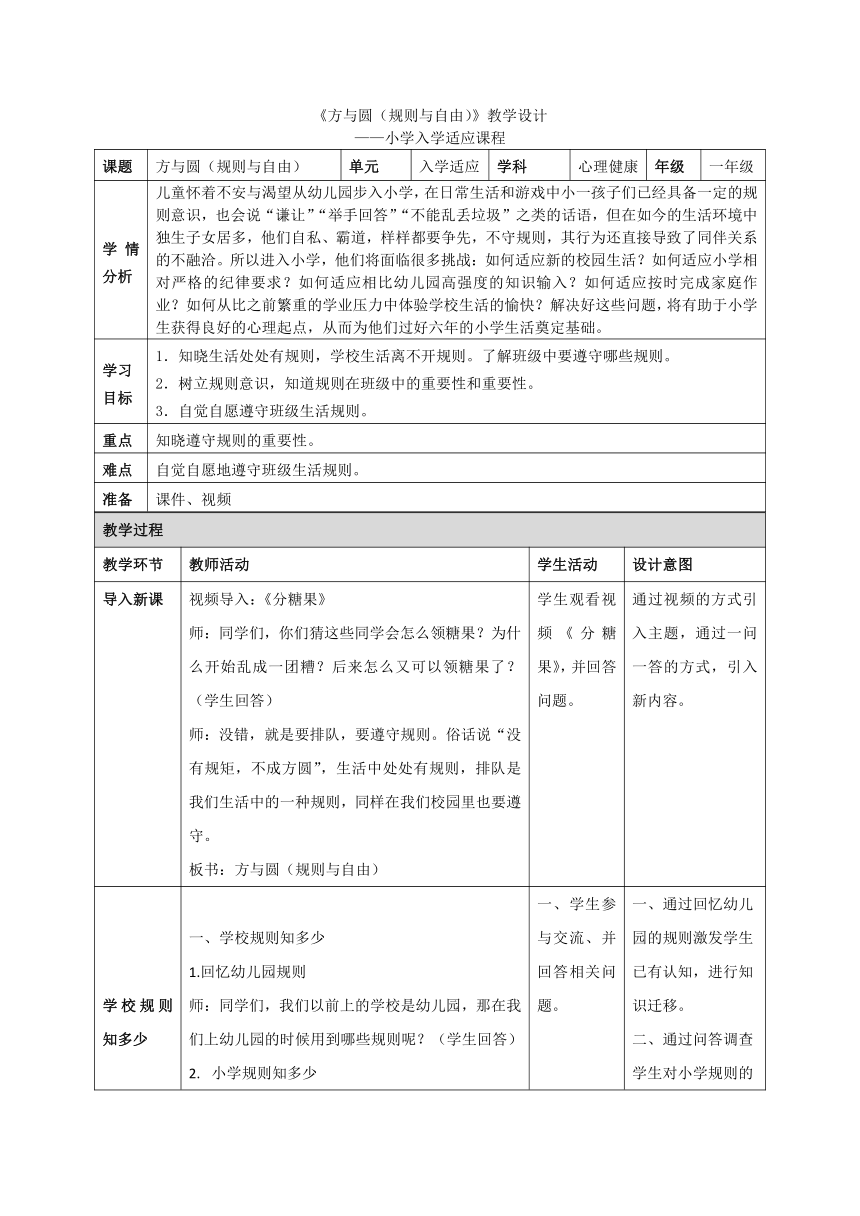 小学心理健康 《方与圆（规则与自由）》教学设计（表格式）