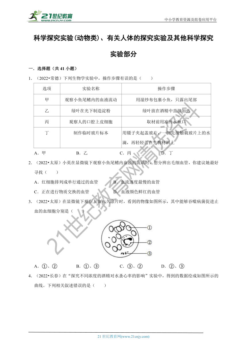 【备考2023】2022年中考生物真题分类汇编22——科学探究实验(动物类)、有关人体的探究实验及其他科学探究实验部分（含解析）