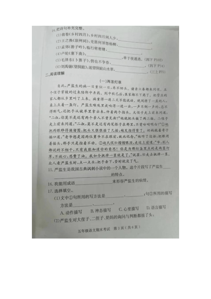 广东省茂名市电白区2021-2022学年五年级下学期期末考试语文试题（图片版，含答案）