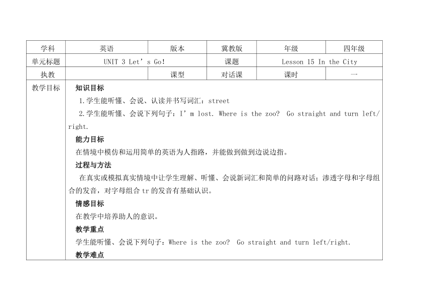 Unit 3 Lesson 15 In the City 表格式晒课教案