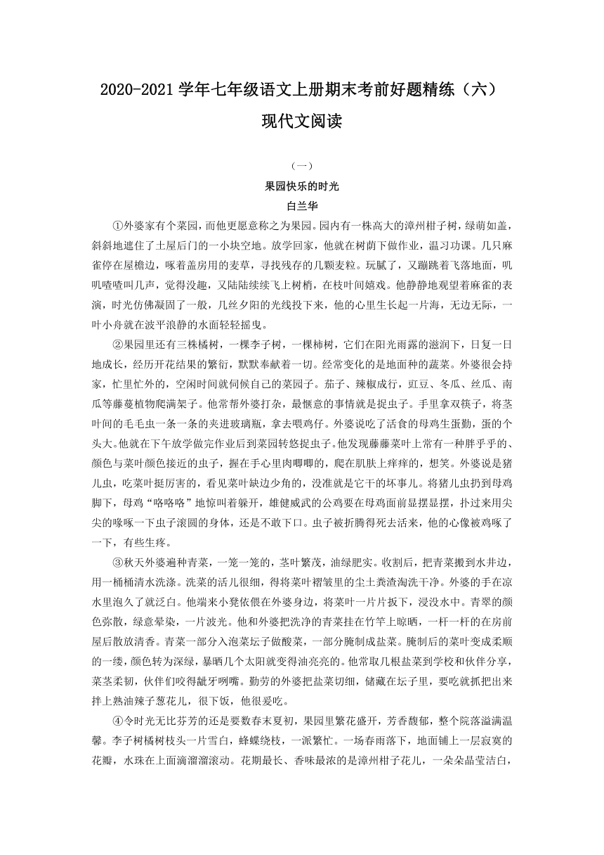江苏省南京市2020-2021学年七年级语文上册期末考前好题精练（6）—现代文阅读（含答案）