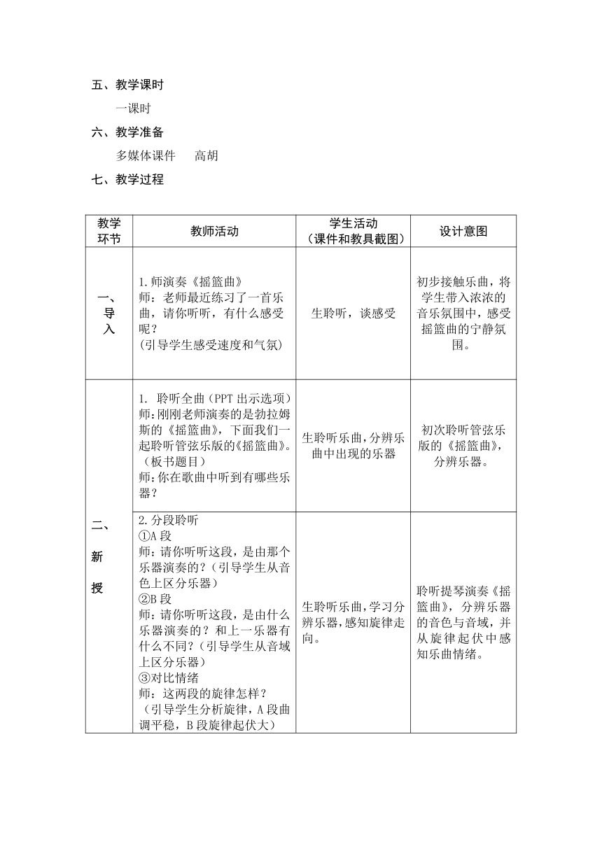 人音版 （五线谱） 四年级下册音乐 6 《摇篮曲》教案(表格式)