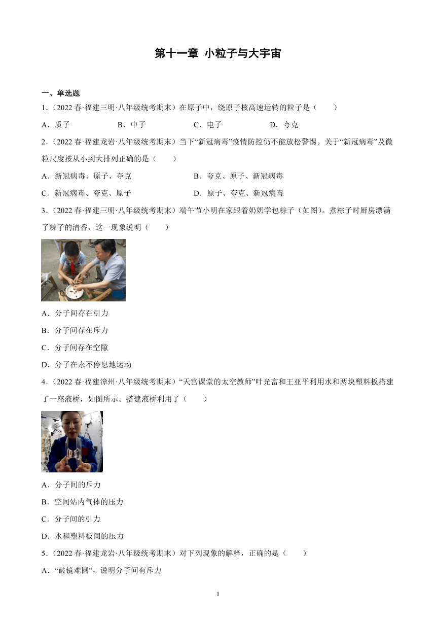 第十一章 小粒子与大宇宙 练习题2021－2022学年下学期福建省八年级沪科版物理期末试题选编（含解析）