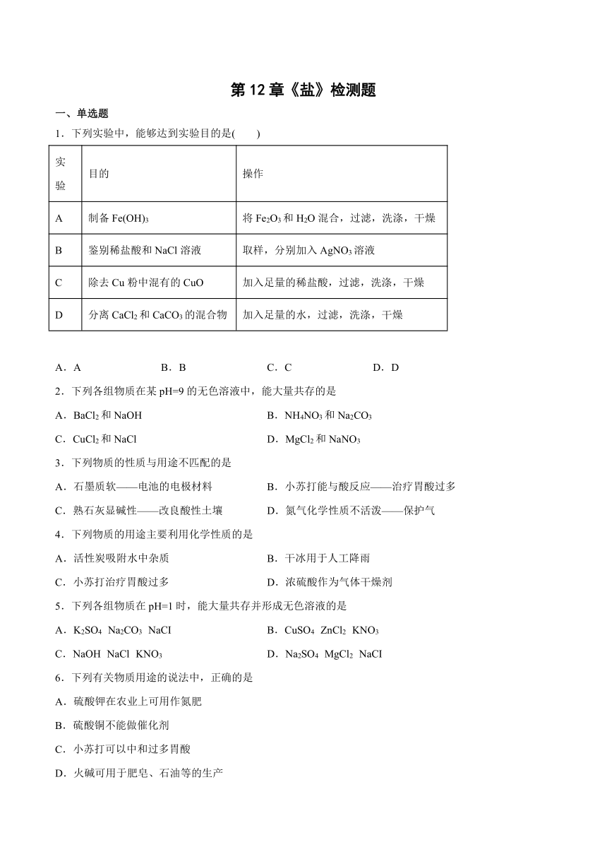 第12章盐检测题(含答案)-2022-2023学年九年级化学京改版（2013）下册