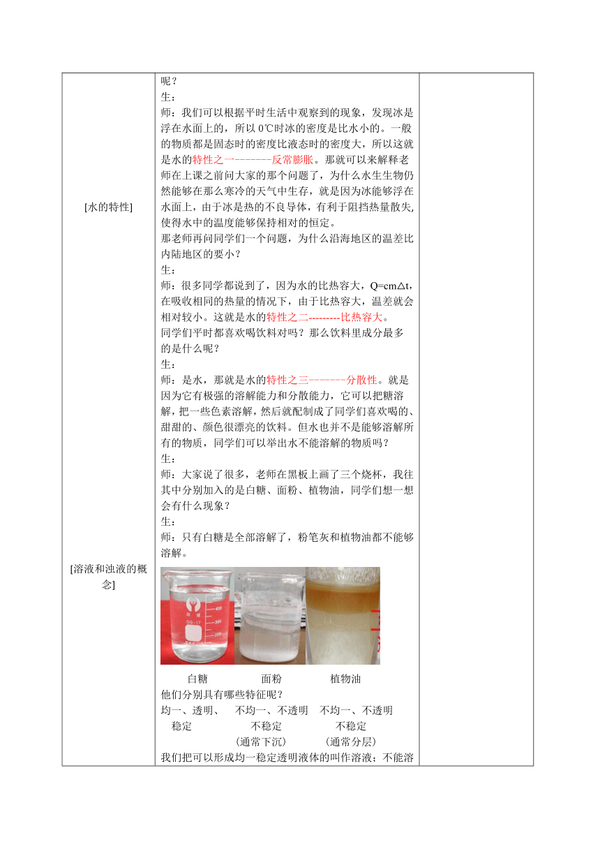 沪教版（上海）初中化学九年级上册 3.1  水的性质  教案（表格式）