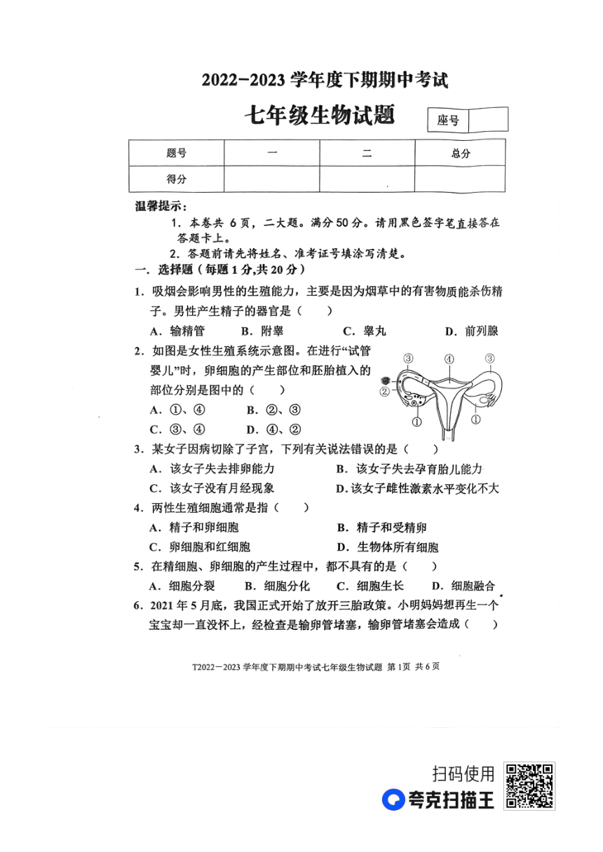 河南省周口市太康县2022-2023学年七年级下学期期中生物试题（pdf无答案)