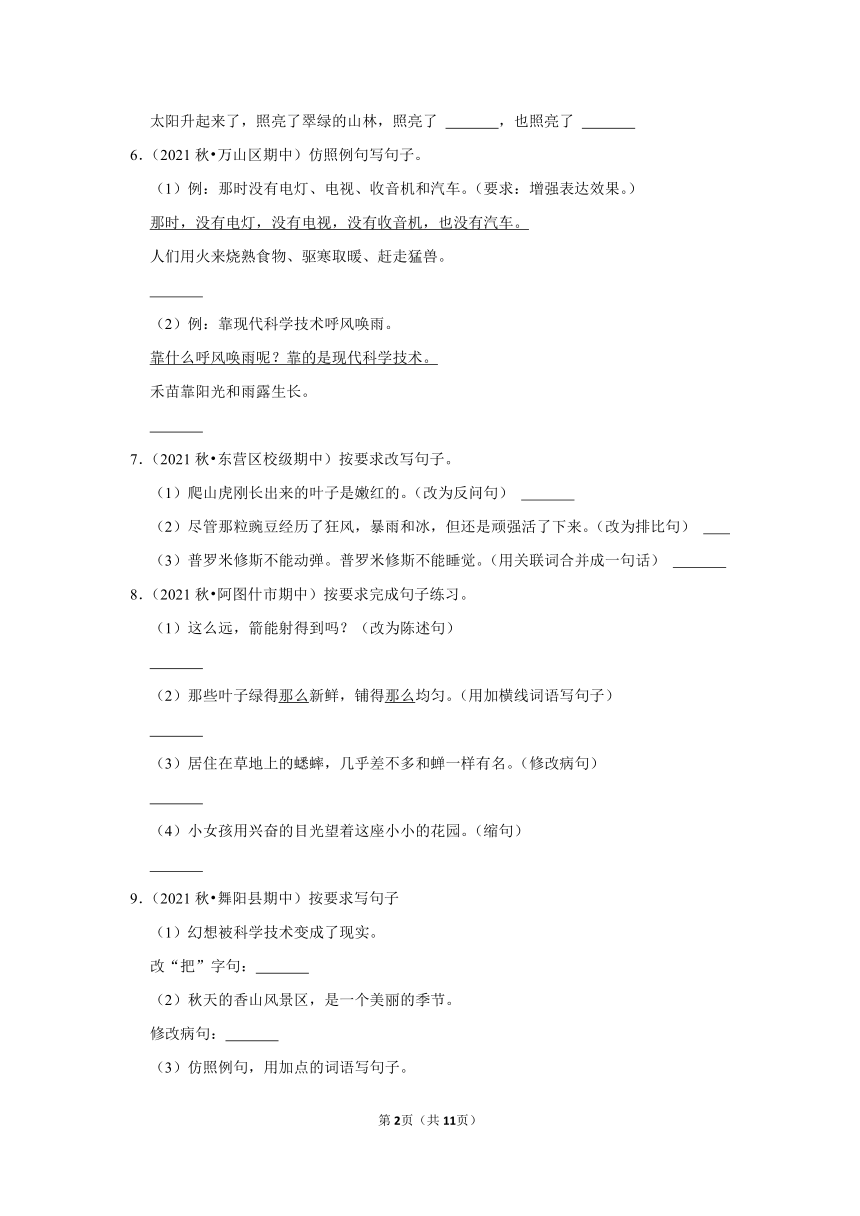 部编版语文四年级上册期中句子练习真题检测卷（含解析）