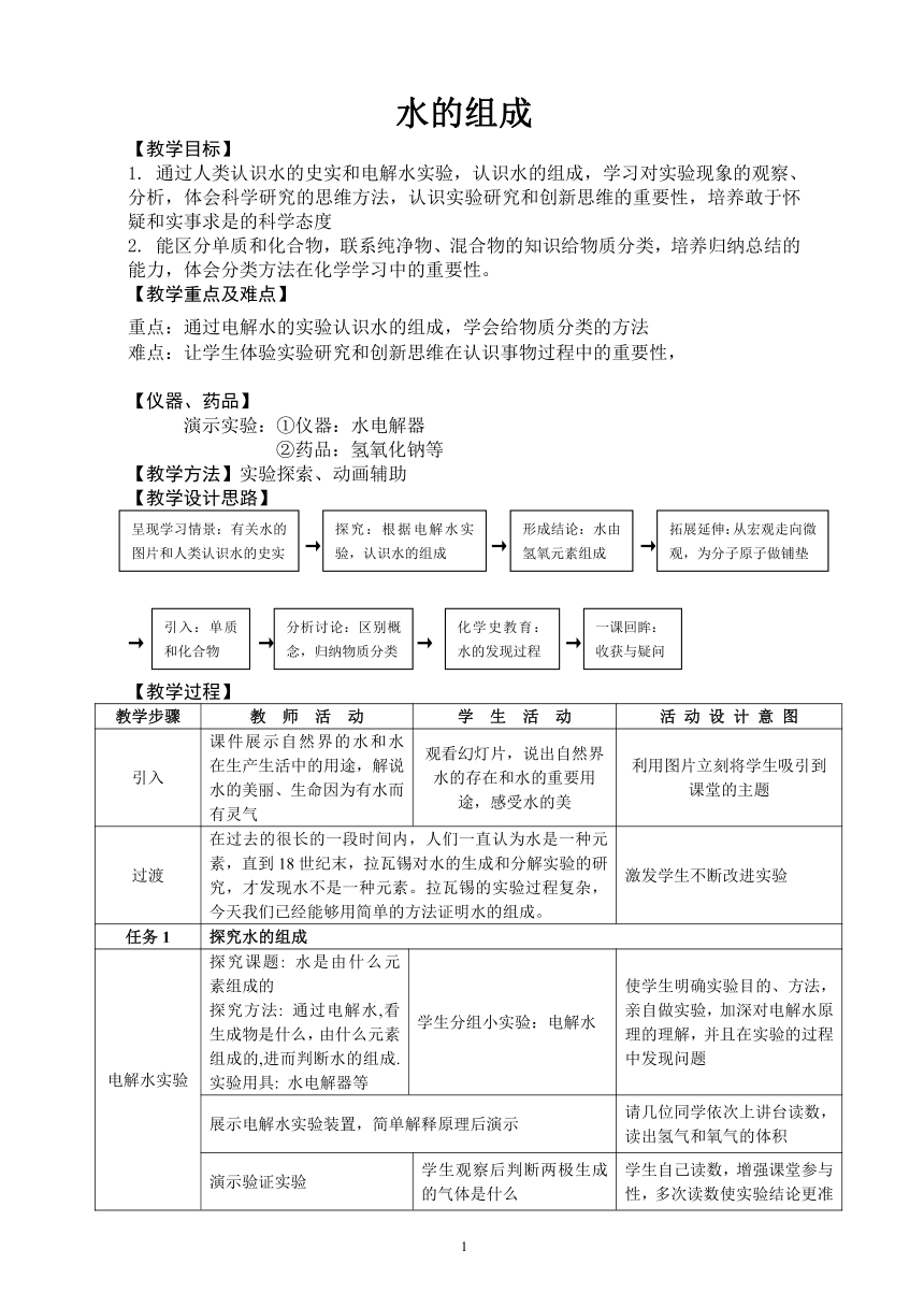 人教版化学九年级上册 4.3 水的组成 教案(表格式)