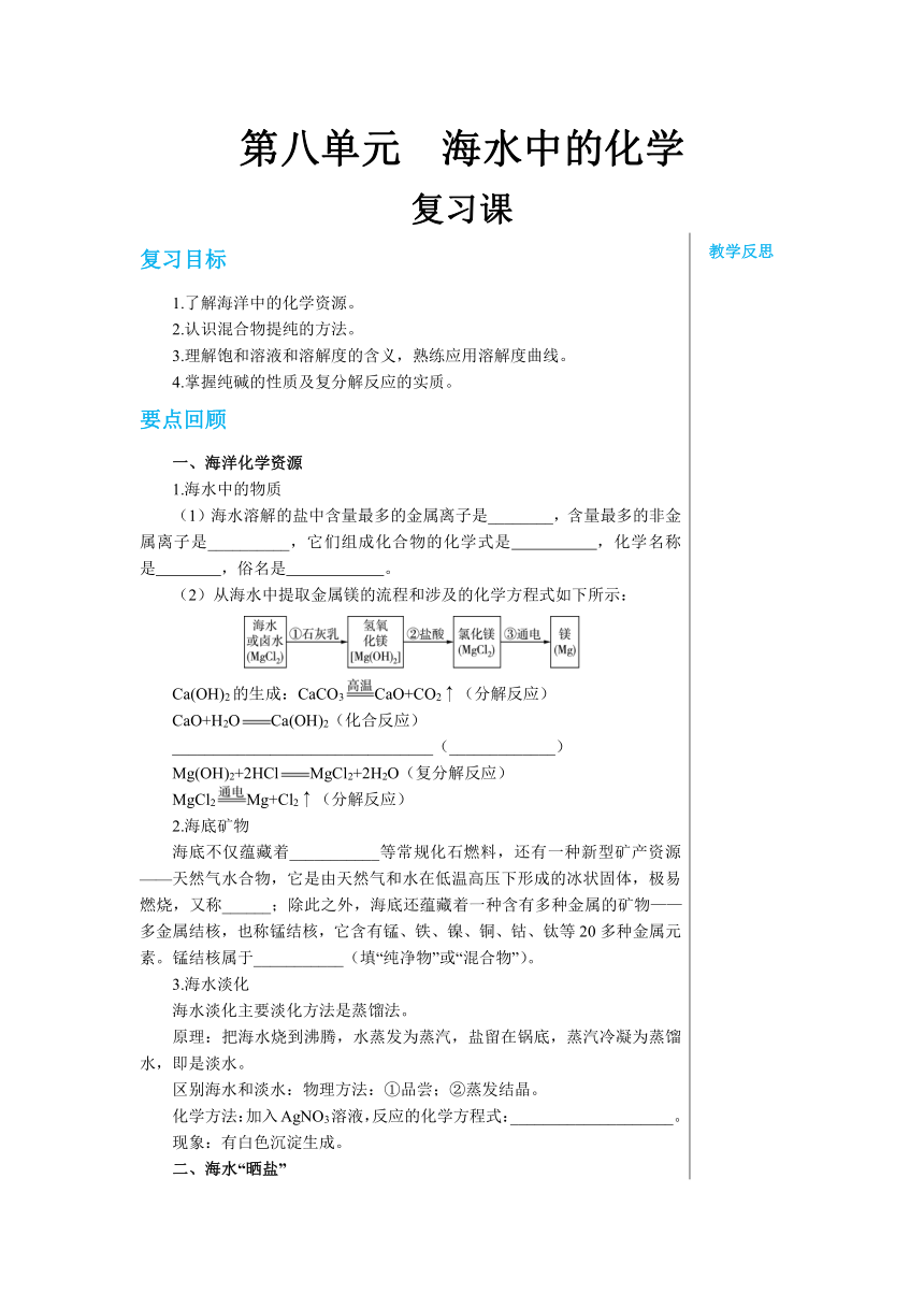 第八单元 海水中的化学 复习课  学案（表格式）