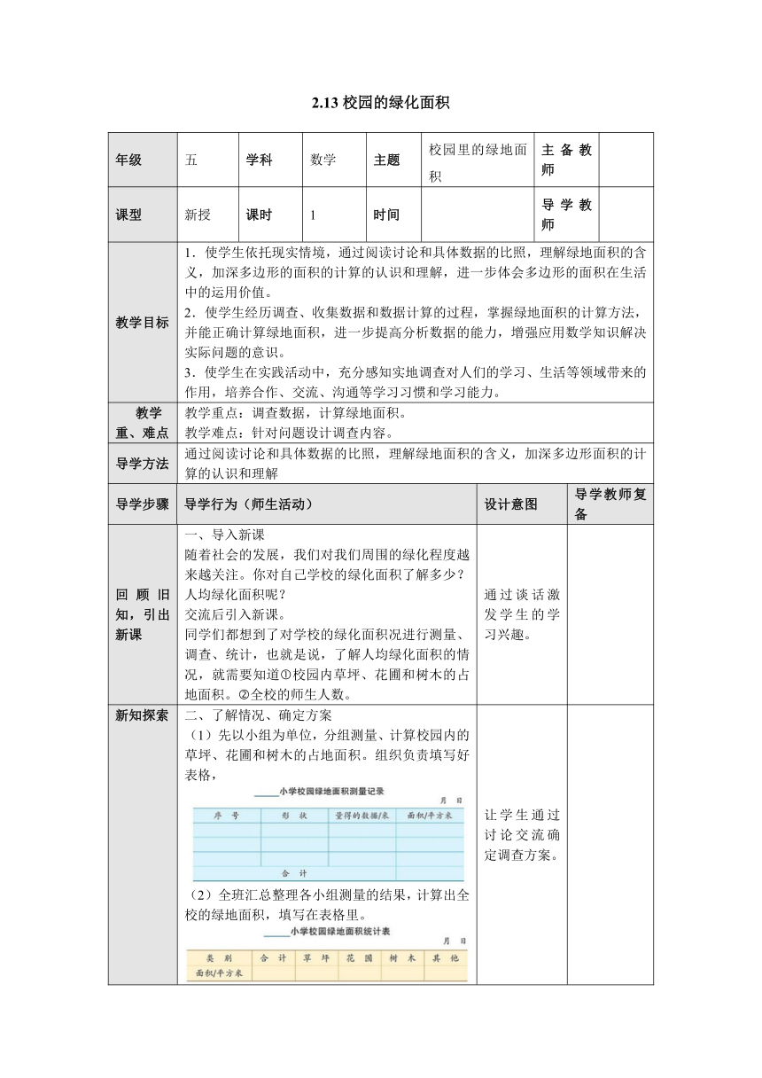 2.13校园的绿化面积 教案 五年级数学上册-苏教版（表格式）