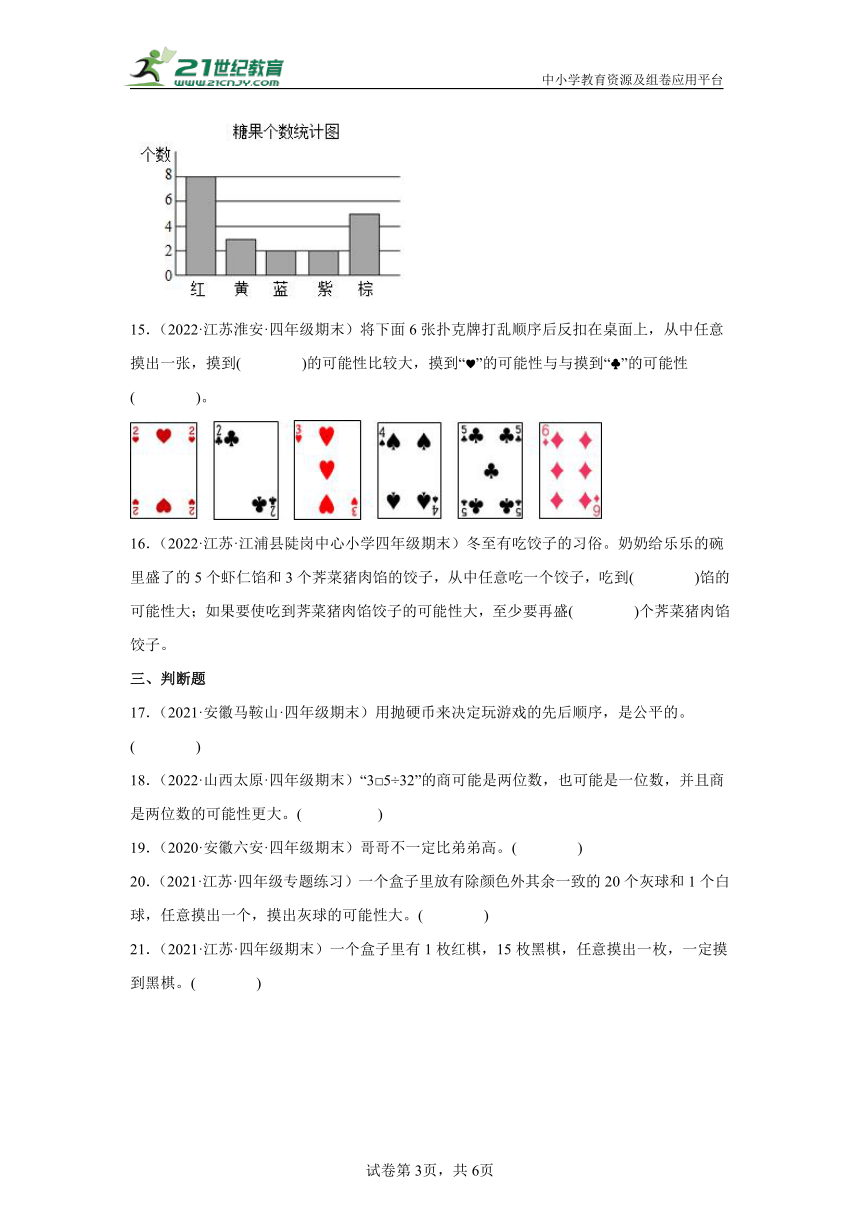 【暑假衔接真题汇编】小学数学四年级上册第六单元可能性重难点检测卷 苏教版（含答案）