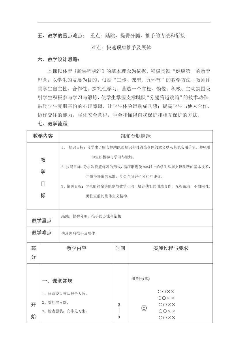 七年级上册体育与健康《横箱分腿腾越》教学设计（表格式）