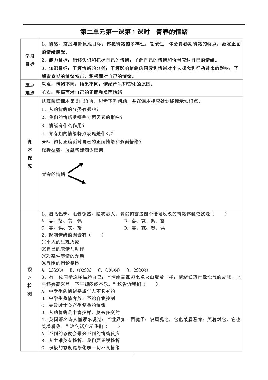 2022-2023学年度第二学期七年级政治同步课程导学案4.1青春的情绪（含答案）