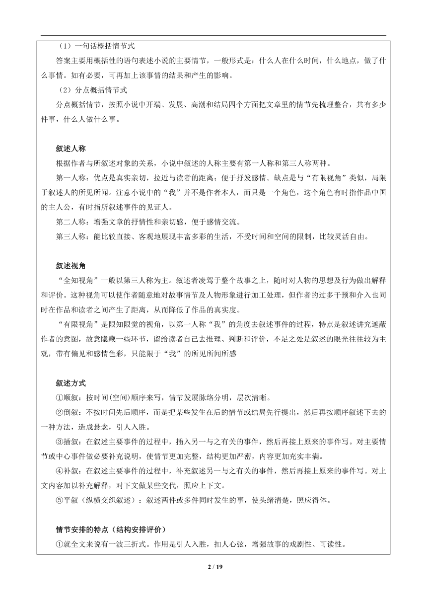 2022届高三一轮专题复习：小说情节设置、手法及作用