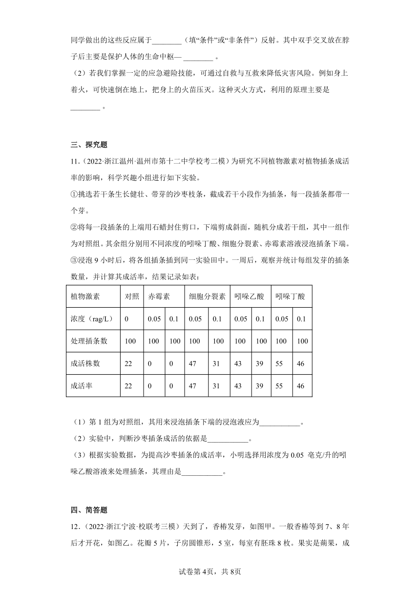 浙江省2022年中考科学模拟题汇编-15植物生命活动的条件、神经调节(含解析)