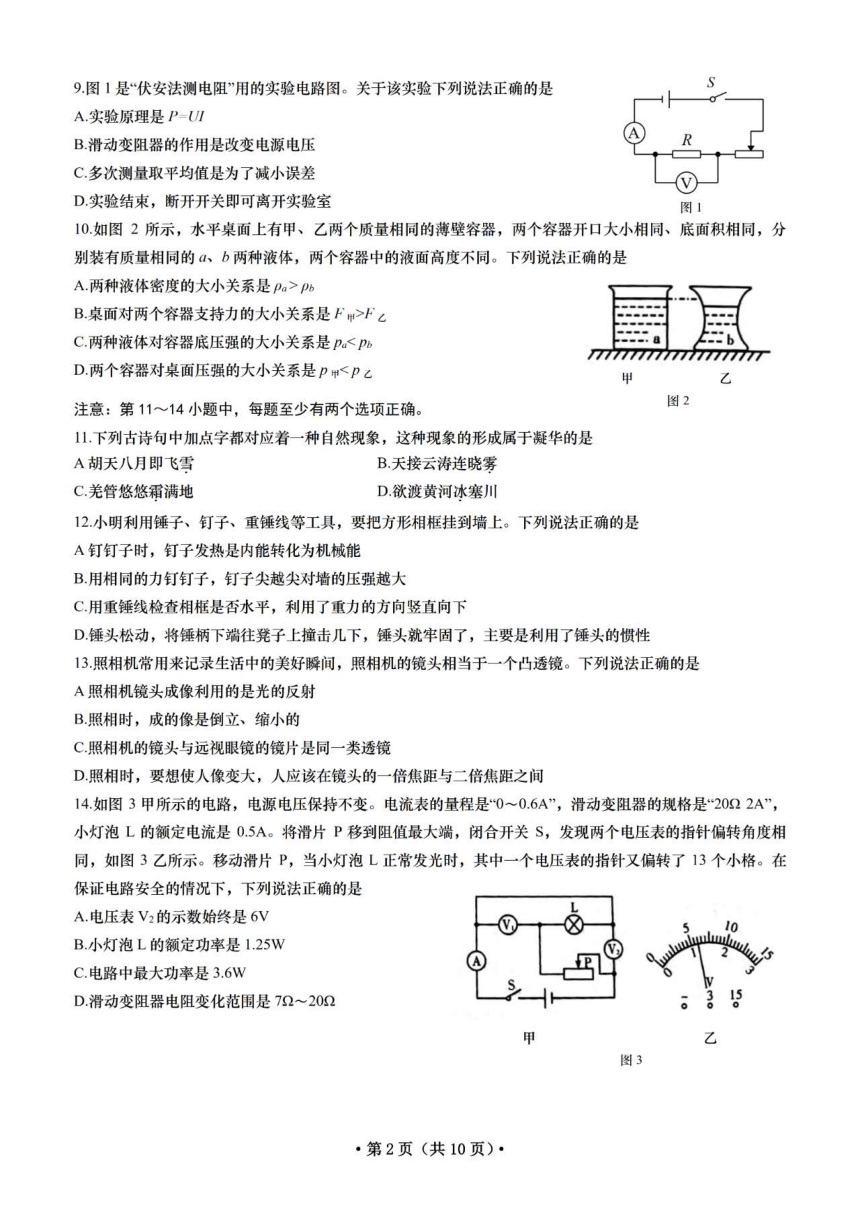 2022年辽宁省大连市中考物理、化学试卷（PDF版，无答案）