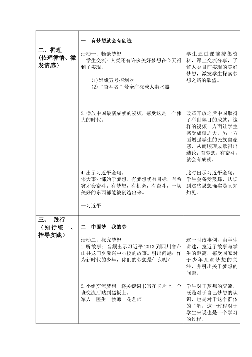 第1讲 伟大事业都始于梦想  教案（表格式）