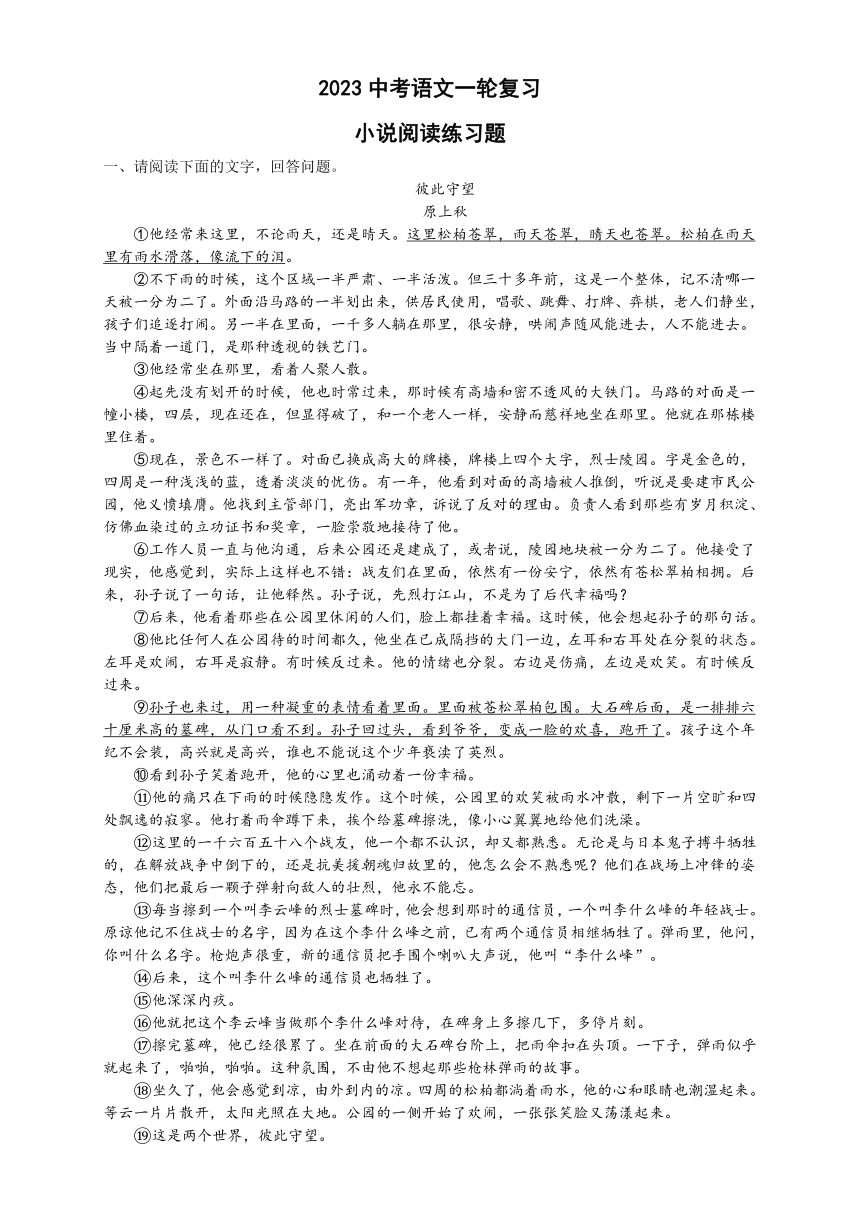 2023中考语文一轮复习：小说阅读练习题（含答案）