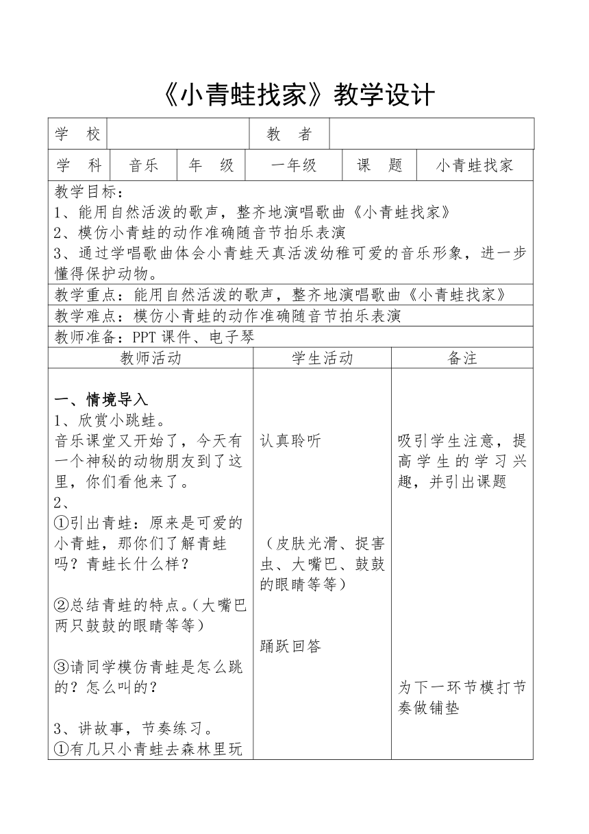 人音版（五线谱） (北京） 一年级上册音乐  第六单元 小青蛙找家  教案（表格式）