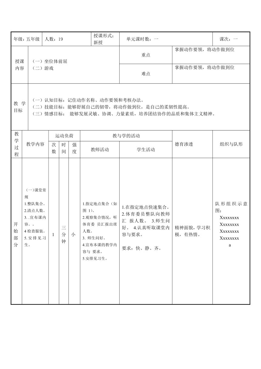 人教版体育五年级下册坐位体前屈 教案（表格式）