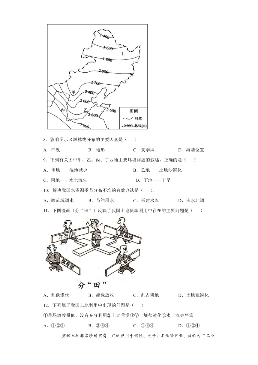 2021-2022学年人教版初中地理八年级上册 第三章 中国的自然资源 测试题  （Word版含答案）