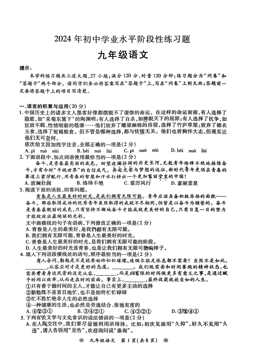 2024年湖南省邵阳市新宁县部分学校中考一模考试语文试题(含答案)