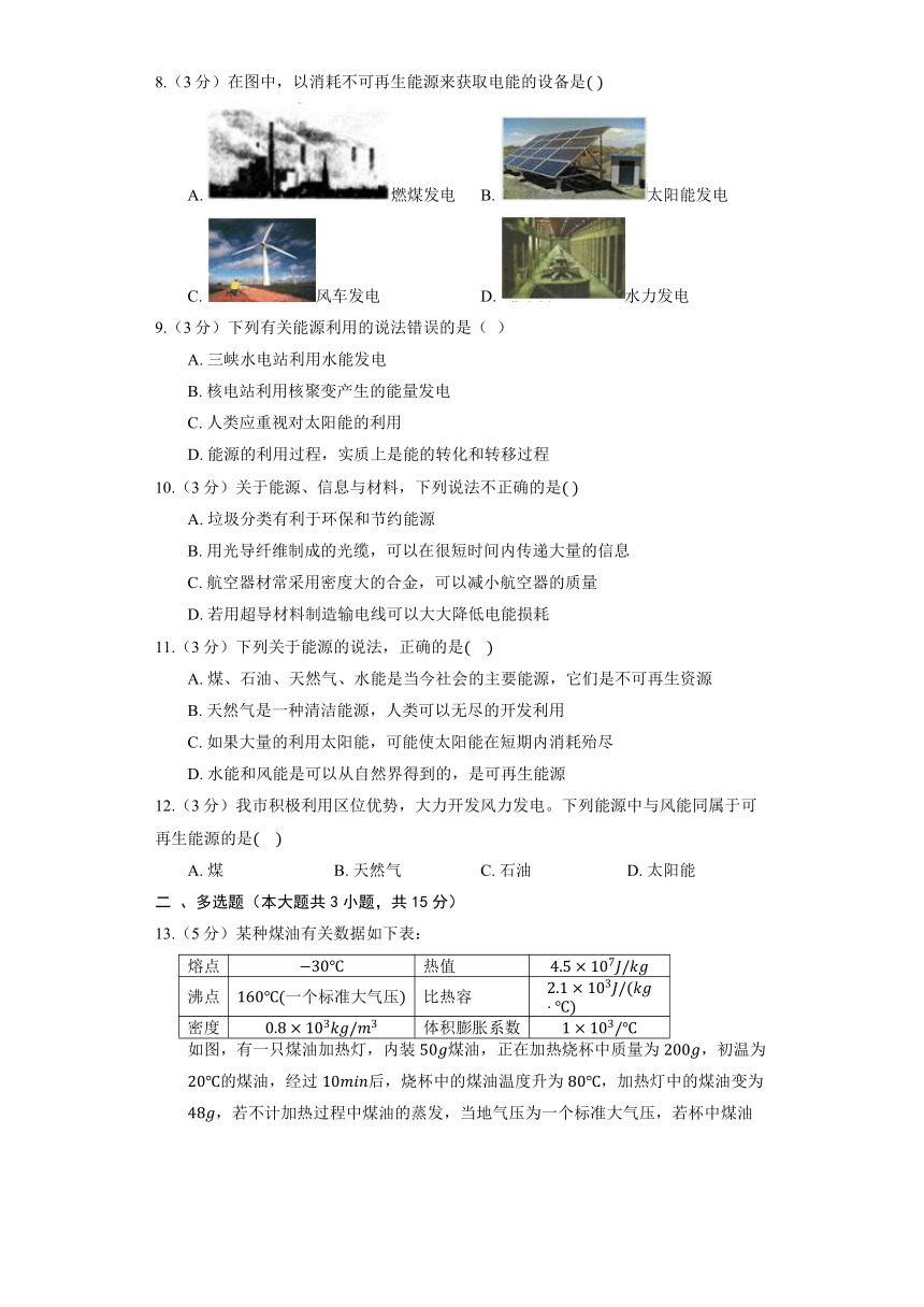 鲁科版（五四制）九年级下册《第二十章 能源和可持续发展》章节练习（含解析）