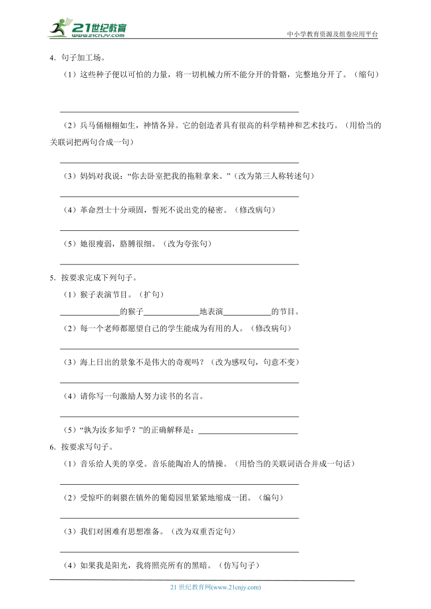 -部编版小学语文六年级下册分班考按要求改写句子精选题（二）（含答案）