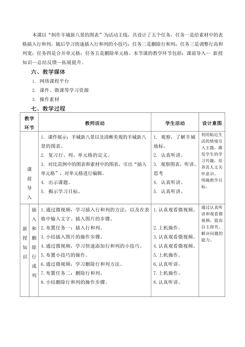第8课 多样小表格——表格的编辑 教案（表格式）